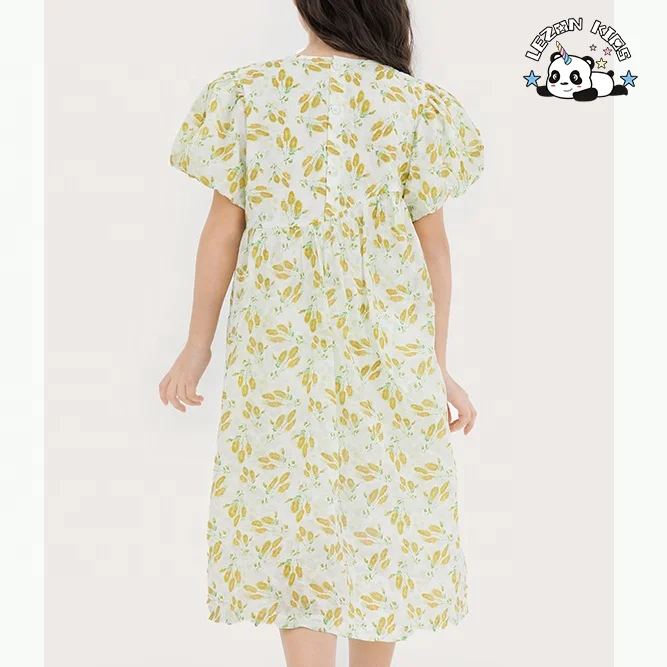 LEZONKIDS - Custom Children's Dress Fresh Fragmented Girls Floral Printed Bubble Sleeve Cotton girls Dress for daily wear